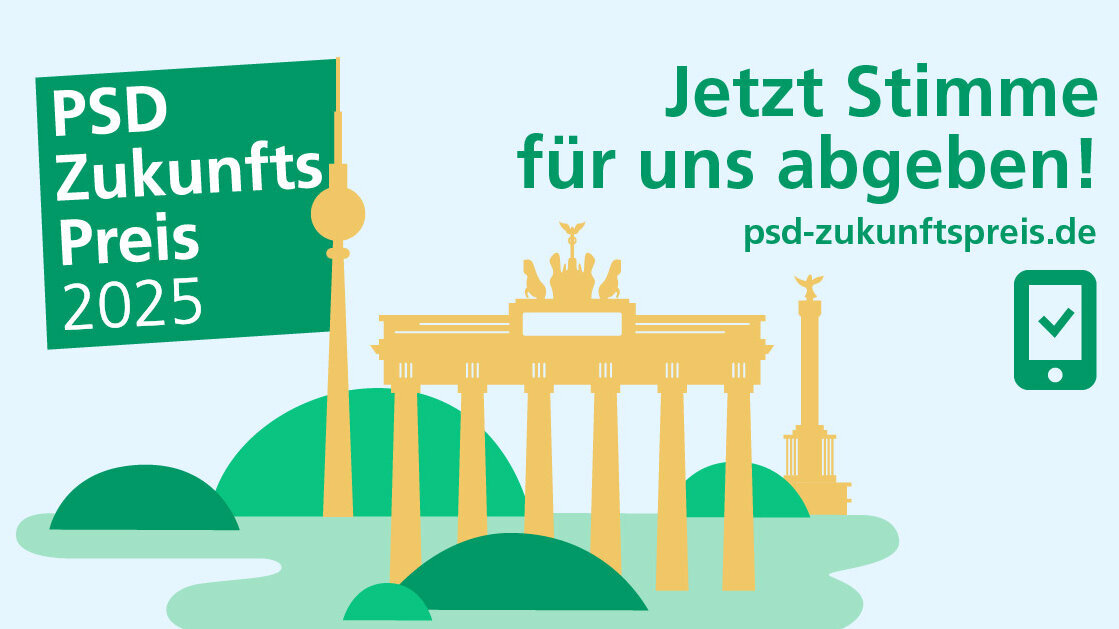 Zu sehen ist eine Grafik, die die Abstimmung für den PSD Zukunftspreis 2025 bewirbt.