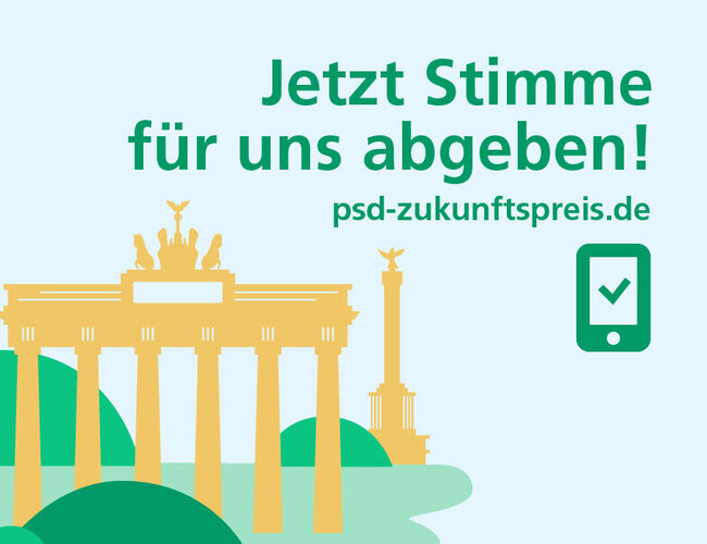 Zu sehen ist eine Grafik, die die Abstimmung für den PSD Zukunftspreis 2025 bewirbt.