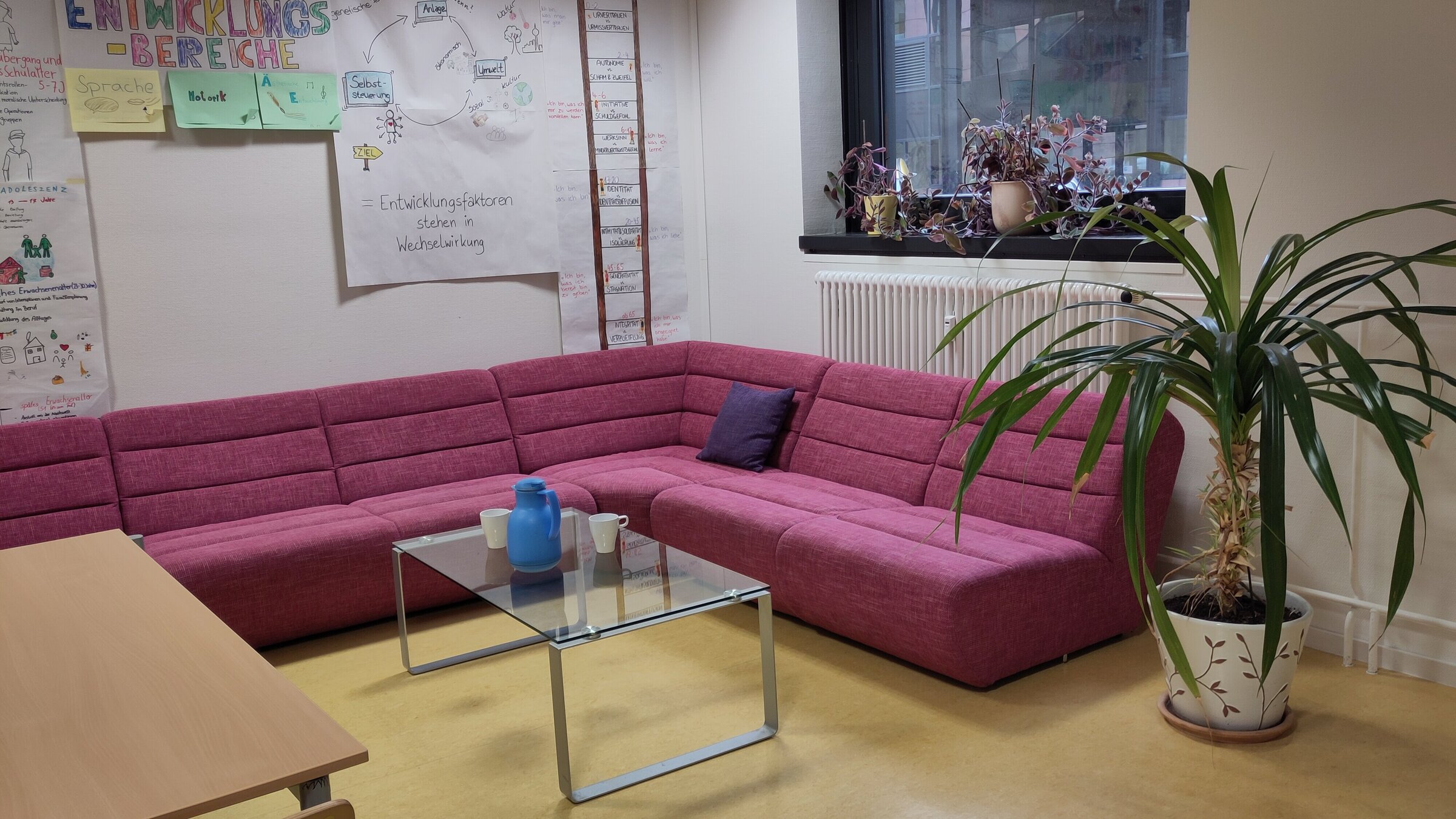 Pinkes Sofa im Aufenthaltsraum
