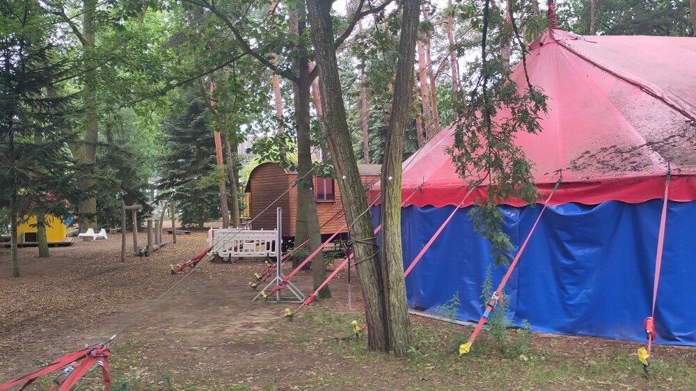 rot-blaues Zirkuszelt steht hinter einem Baum und vor einem Bauwagen aus Holz
