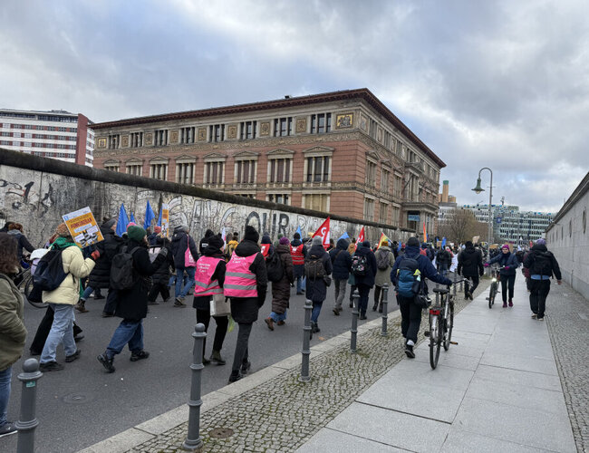 Auf einer Straße laufen Demonstrierende mit Fahnen und Plakaten.
