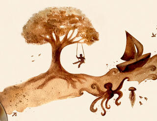 Kinderhospiz Berliner Herz: Trauercafé für verwaiste Eltern und Angehörige Zu sehen ist ein Kaffeebild: Aus einer weißen Tasse erstreckt sich aus Kaffee Boden mit einem großen Baum. Links davon fallen drei Blätter zu Boden, rechts am Baum hängt eine Schaukel, auf der jemand sitzt. Rechts davon geht der Boden in Meer über mit einem Segelboot und drei fliegenden Vögeln. Am unteren Wasserrand befinden sich eine Krake, eine Quelle und drei Fische.