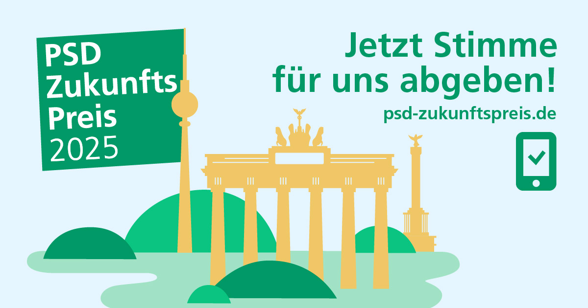 Zu sehen ist eine Grafik, die die Abstimmung für den PSD Zukunftspreis 2025 bewirbt.