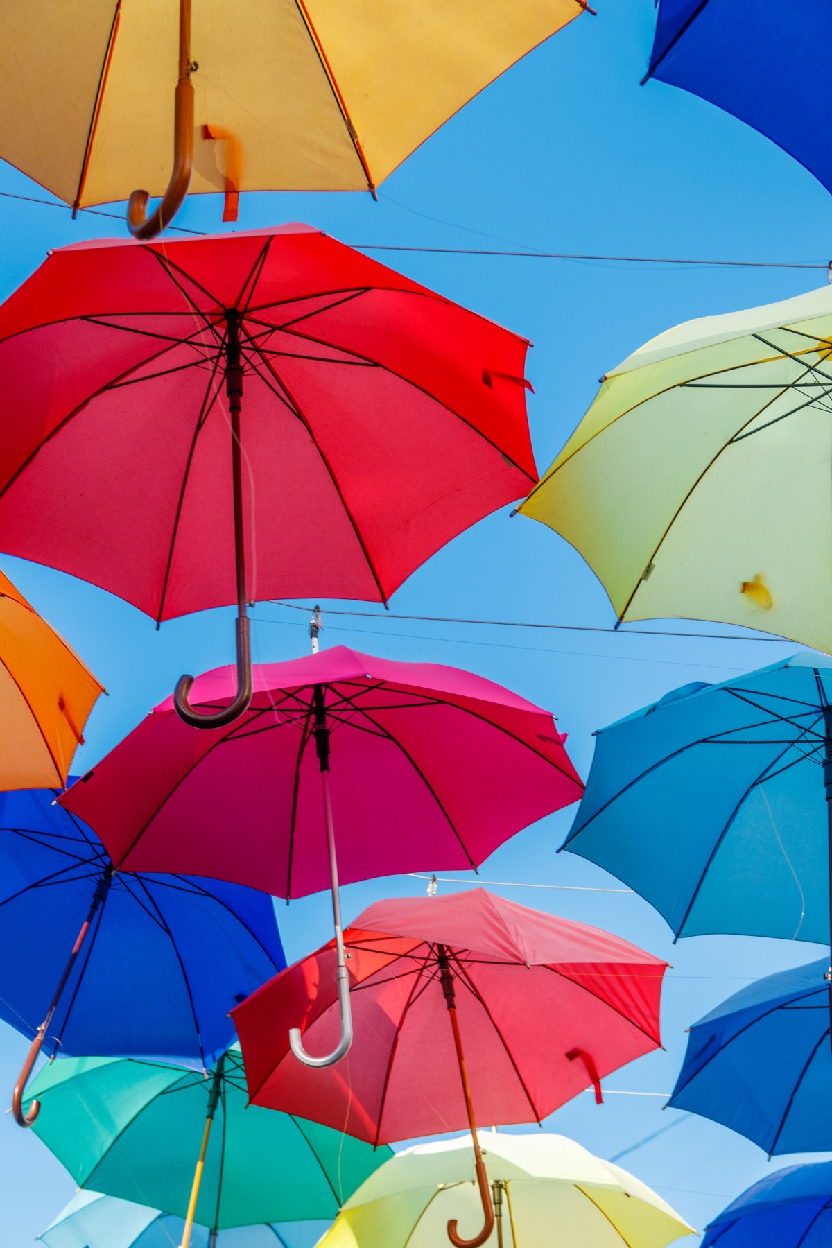 Bunte Regenschirme schweben im blauen Himmel.