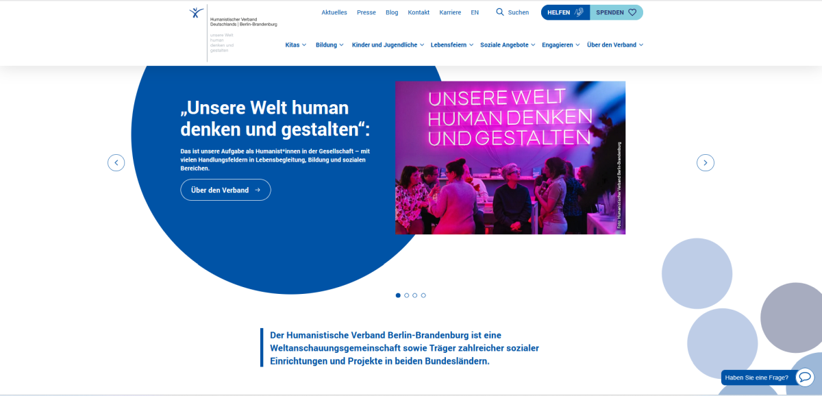 Zu sehen ist ein Screenshot des oberen Bereichs der Startseite von humanistisch.de.