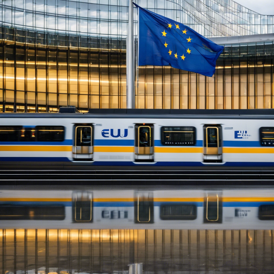 Ein Zug vor dem Europäischem Parlament. Mittig ist noch eine wehende EU Flagge zu sehen. KI generiert.
